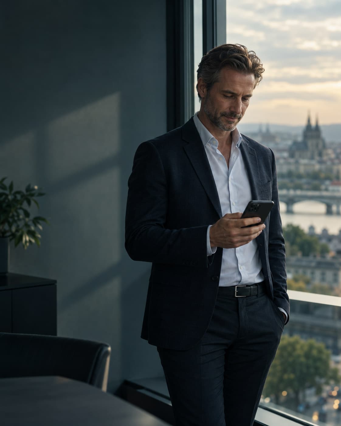 Poradce u okna kanceláře čte upozornění v telefonu.