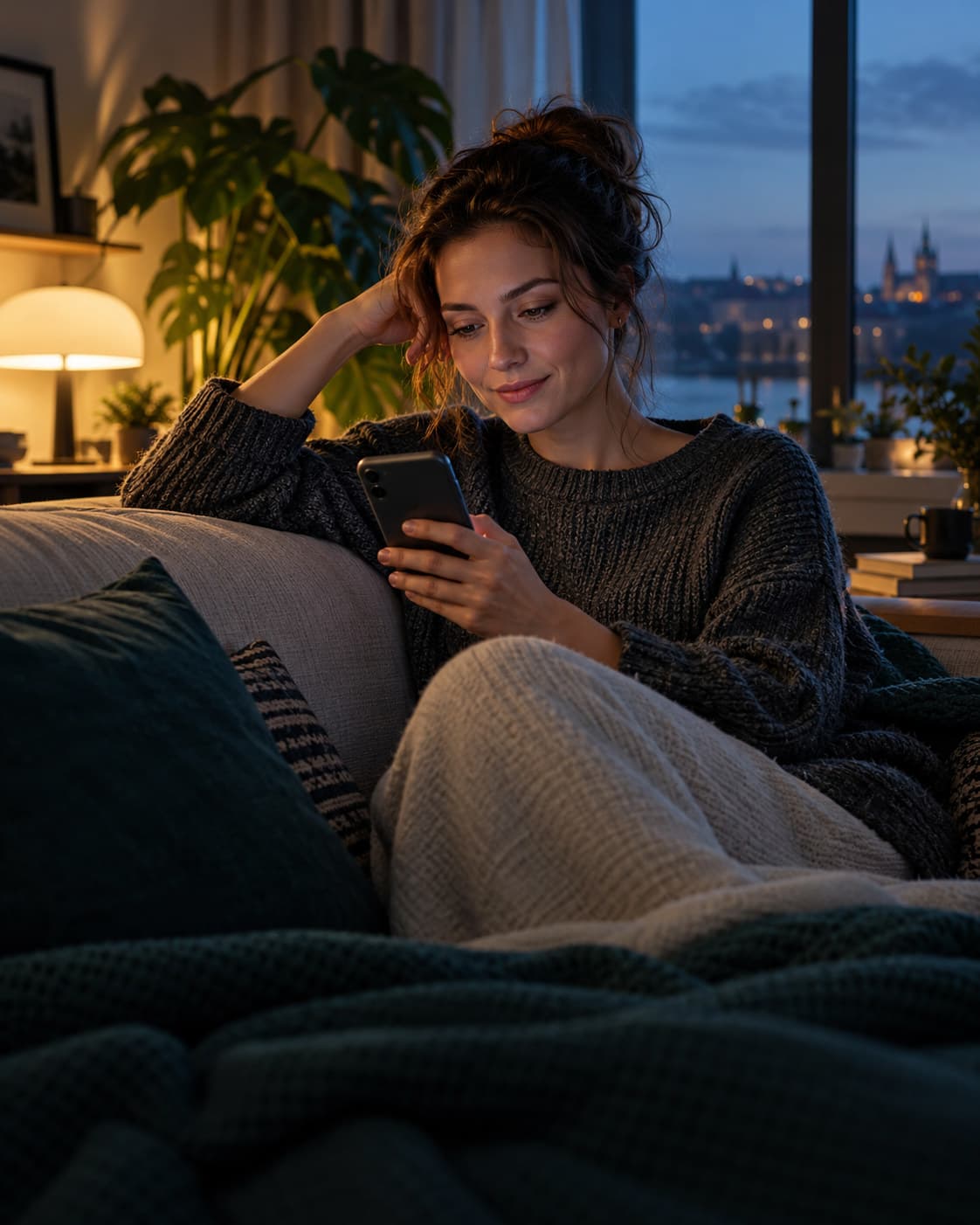 Žena večer doma na pohovce prochází v telefonu žádost od svého poradce.